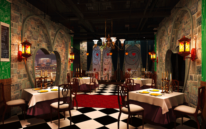 愛麗絲漫游仙境主題餐廳餐桌裝修設計案例效果圖