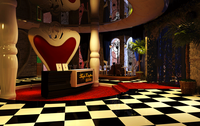 愛麗絲漫游仙境主題餐廳前臺裝修設計案例效果圖