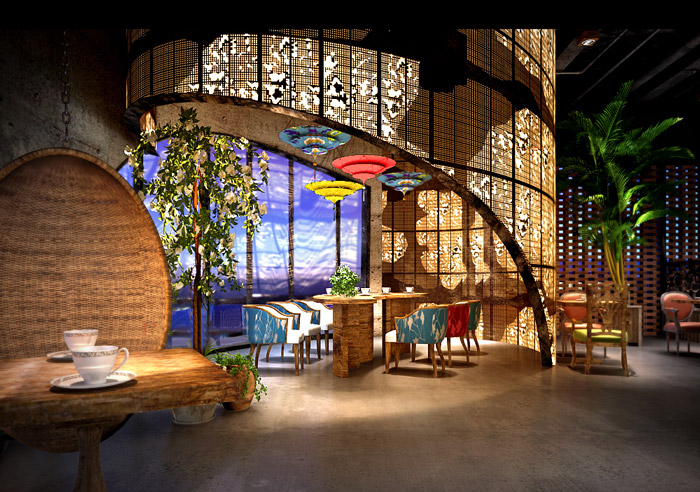 油紙傘主題餐廳餐區裝修設計效果圖